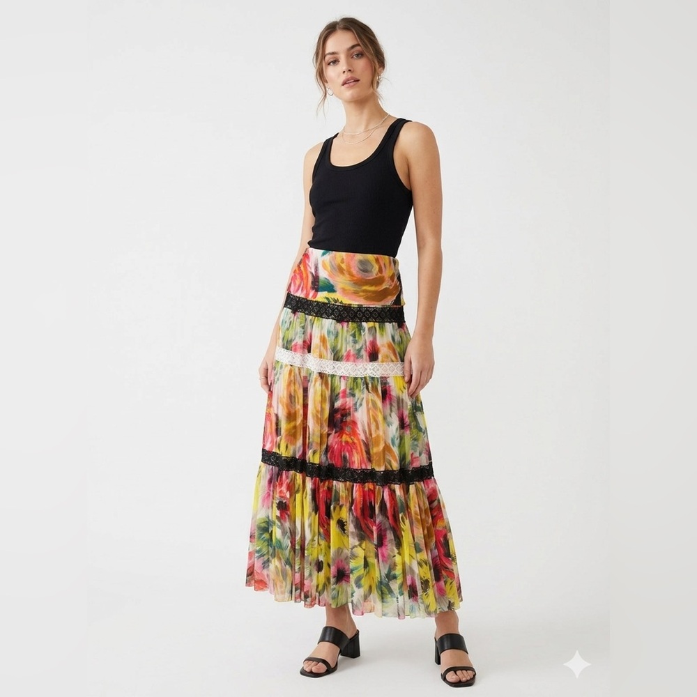 FUZZI X Jean Paul Gaultier YSK Vtintage Mesh Tiered Maxi Skirt Size XL Boho